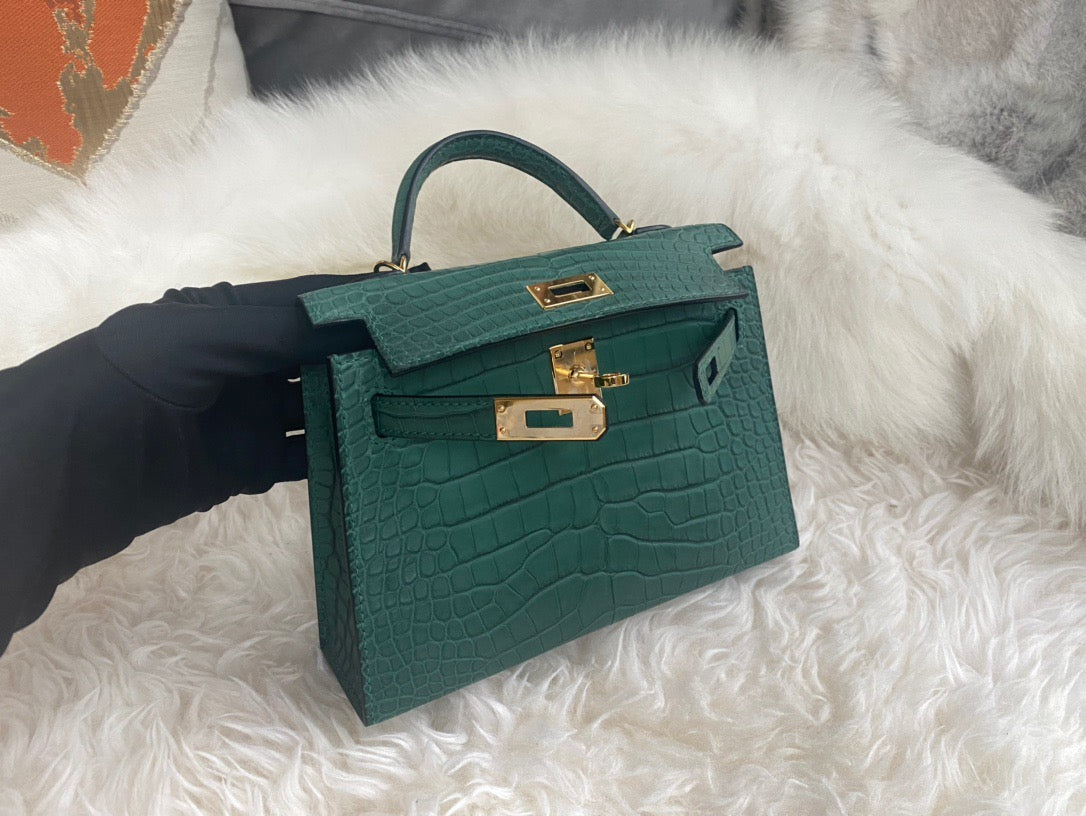 Hermes Dark Green Crocodile Mini Kelly II 20 cm