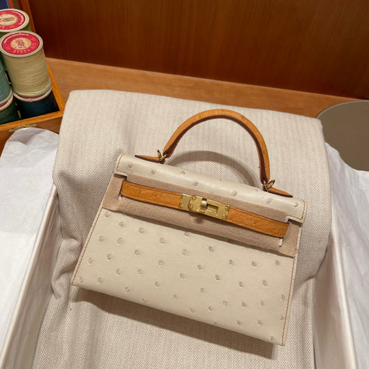 Hermes Kelly Mini II Sellier Handmade Bag In Beige Ostrich Leather