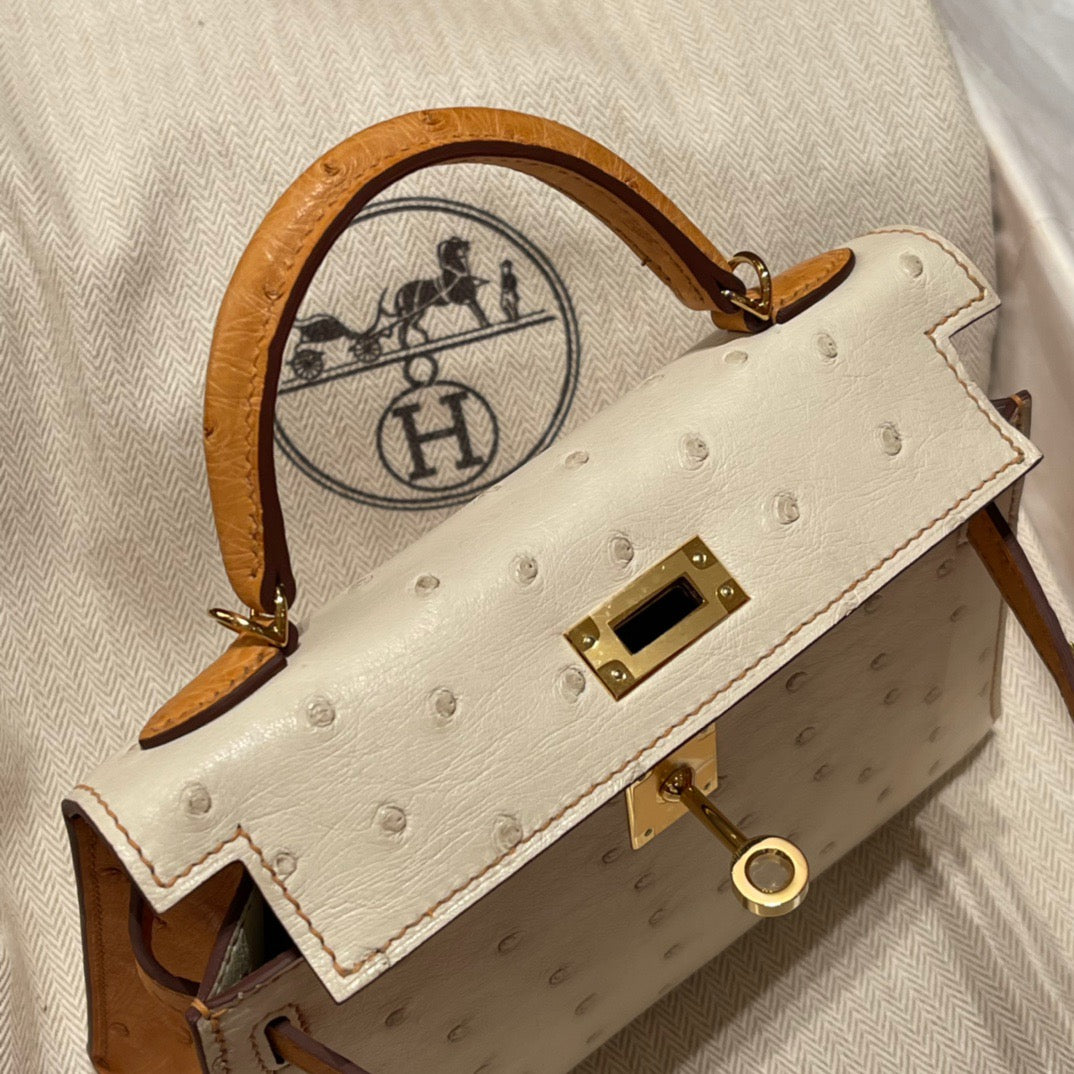 Hermes Kelly Mini II Sellier Handmade Bag In Beige Ostrich Leather