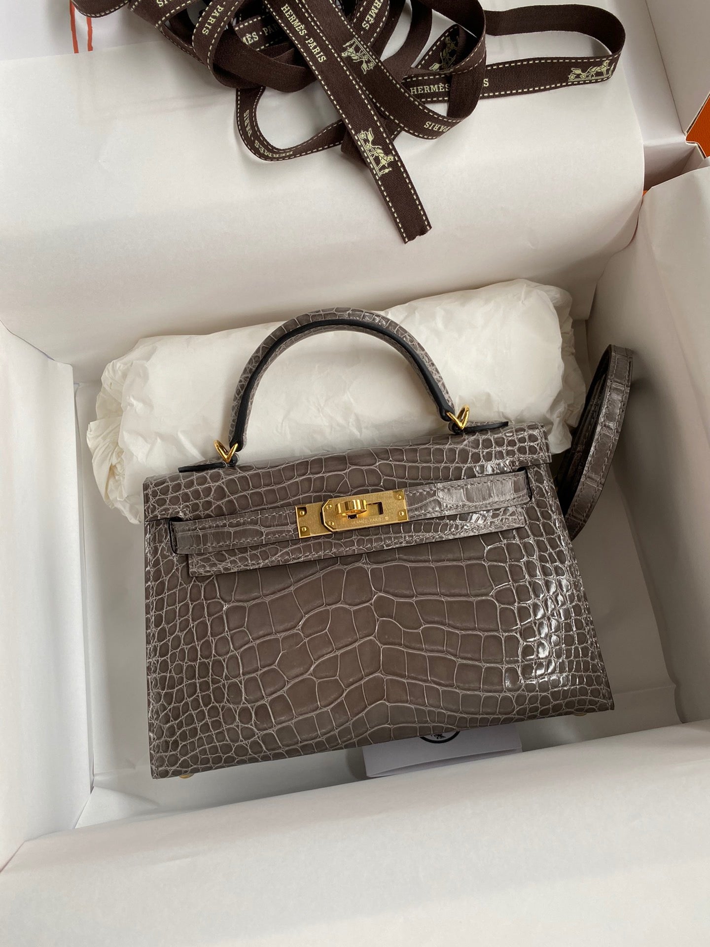 Hermes Taupe Gray Crocodile Kelly Mini II Handmade Bag