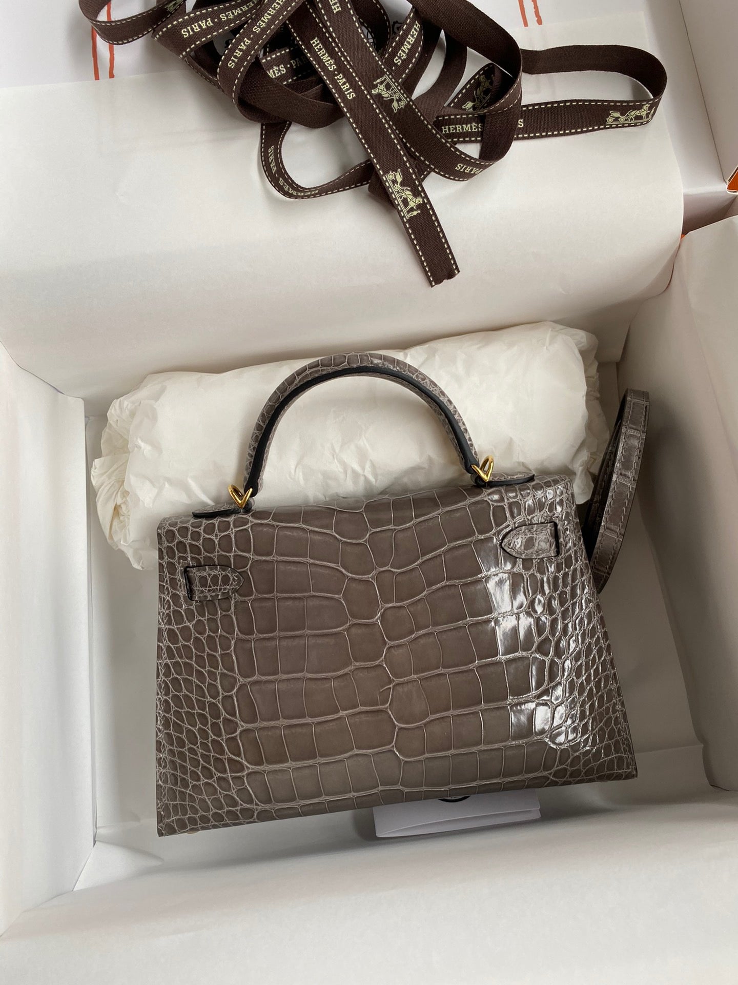 Hermes Taupe Gray Crocodile Kelly Mini II Handmade Bag