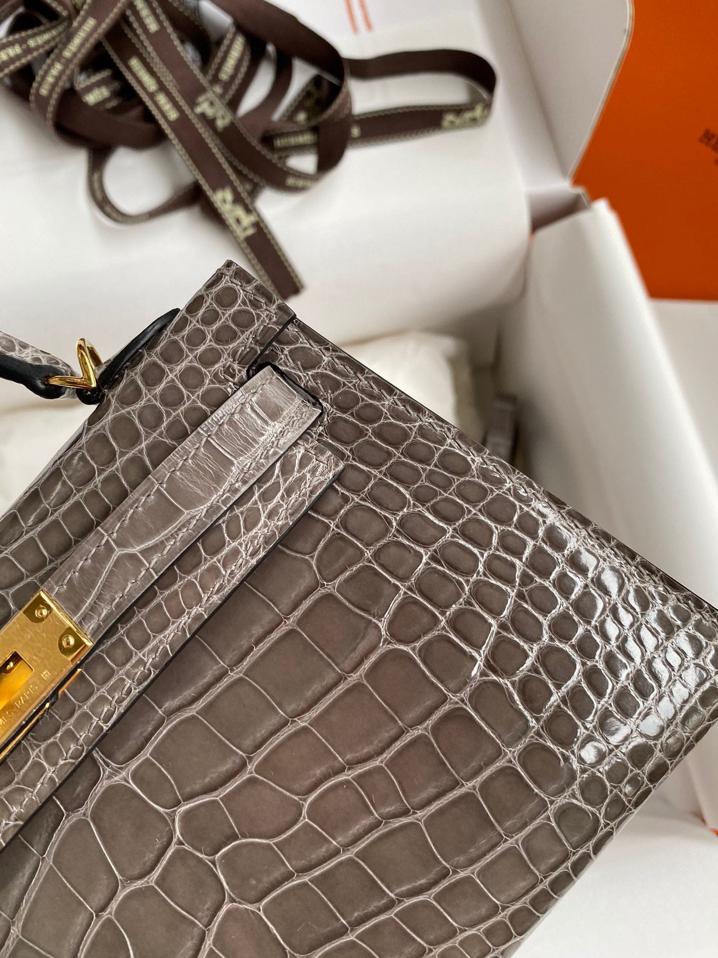 Hermes Taupe Gray Crocodile Kelly Mini II Handmade Bag