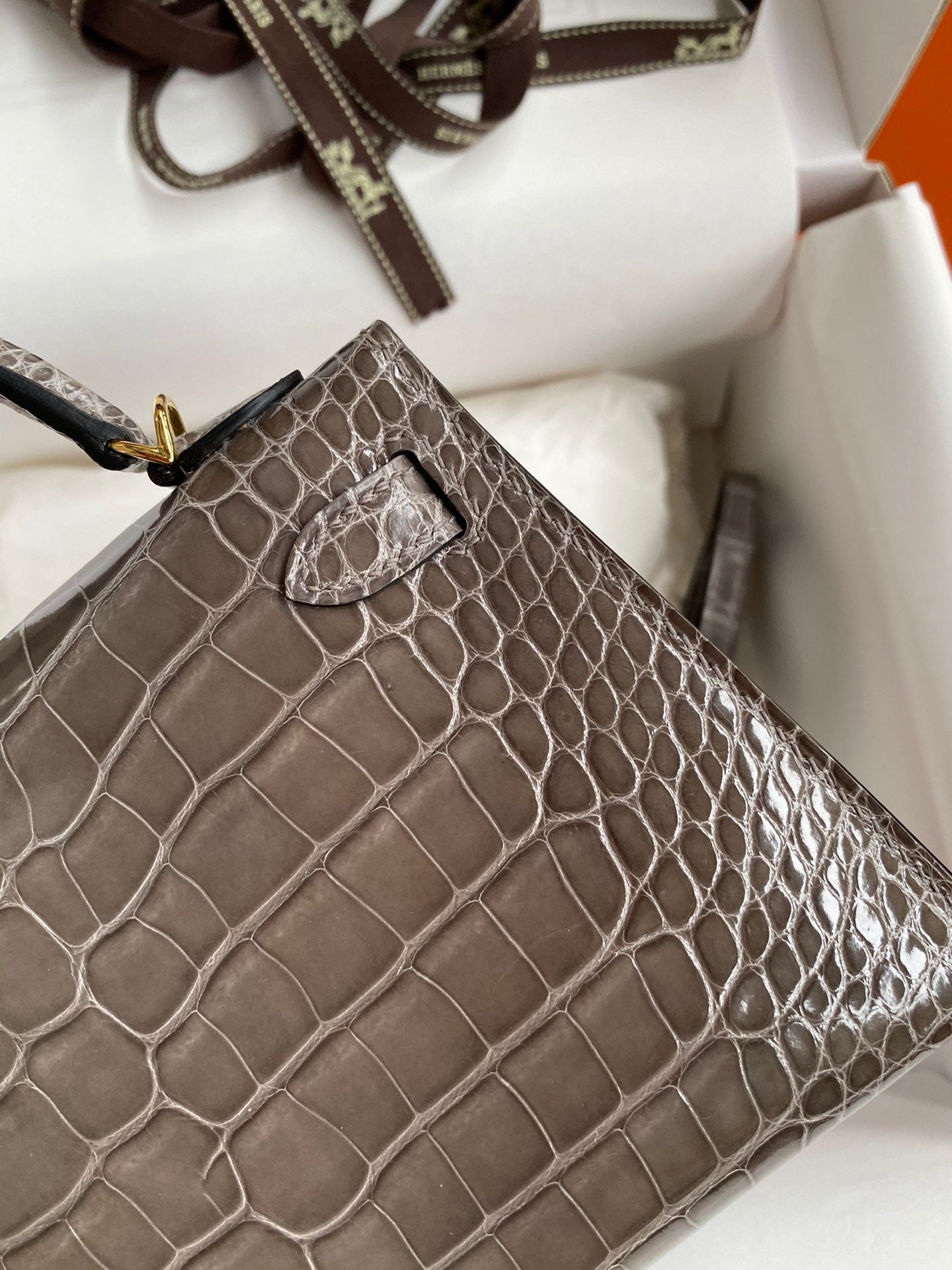 Hermes Taupe Gray Crocodile Kelly Mini II Handmade Bag