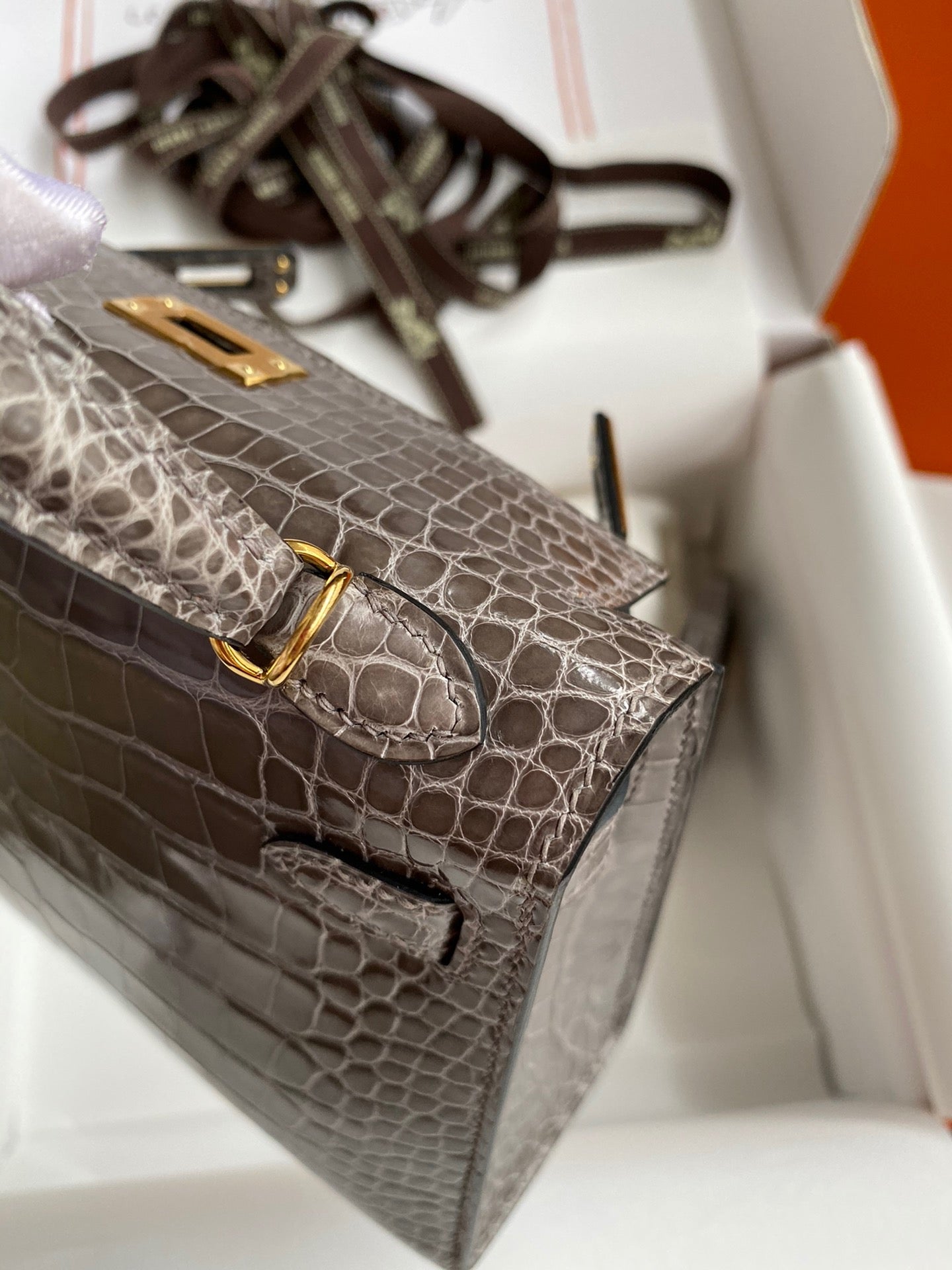 Hermes Taupe Gray Crocodile Kelly Mini II Handmade Bag