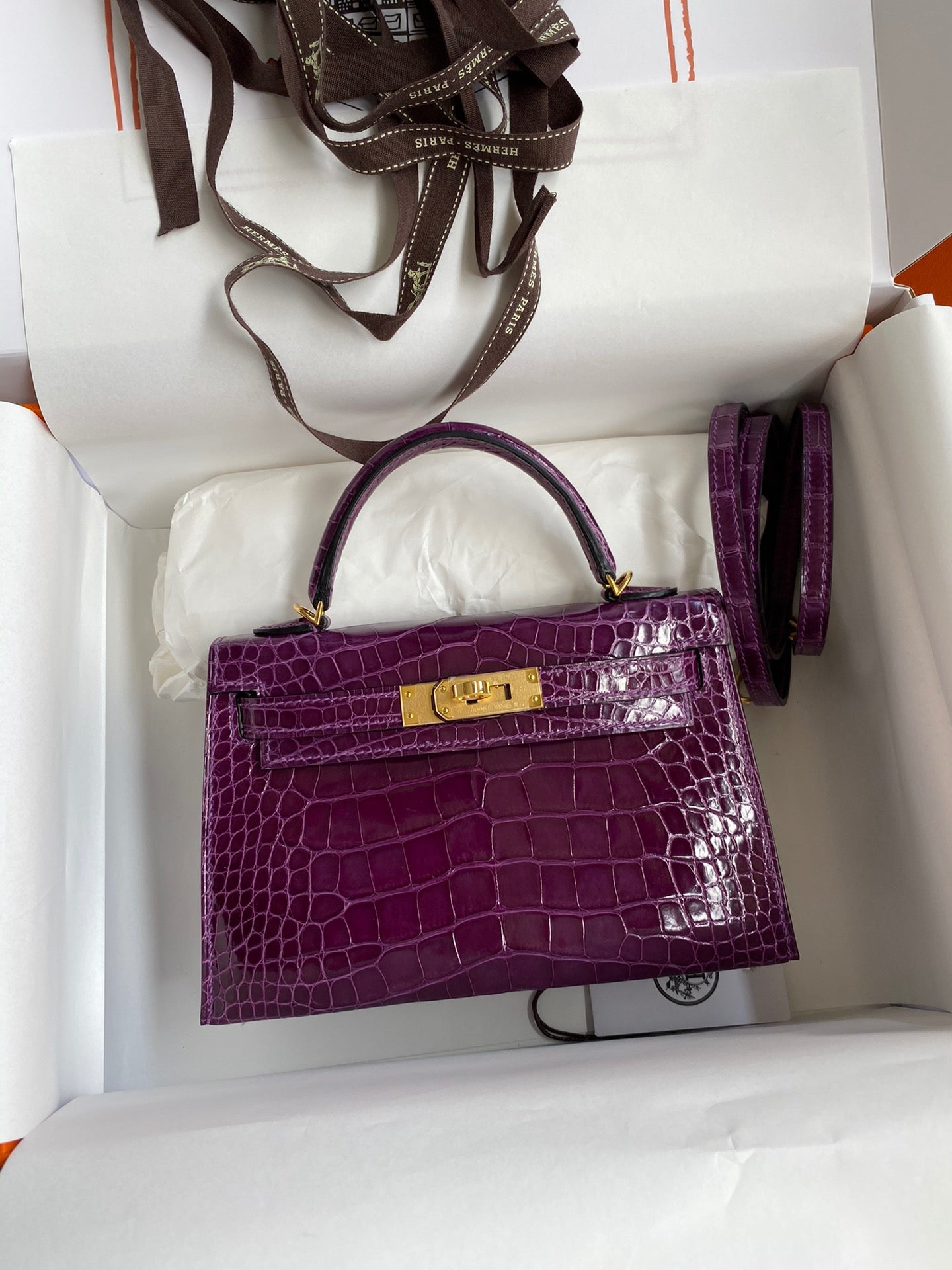 Hermes Purple Crocodile Mini Kelly II 20 cm