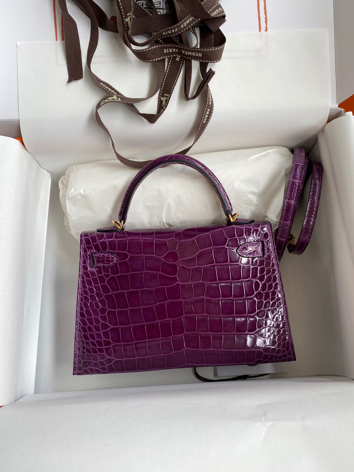 Hermes Purple Crocodile Mini Kelly II 20 cm