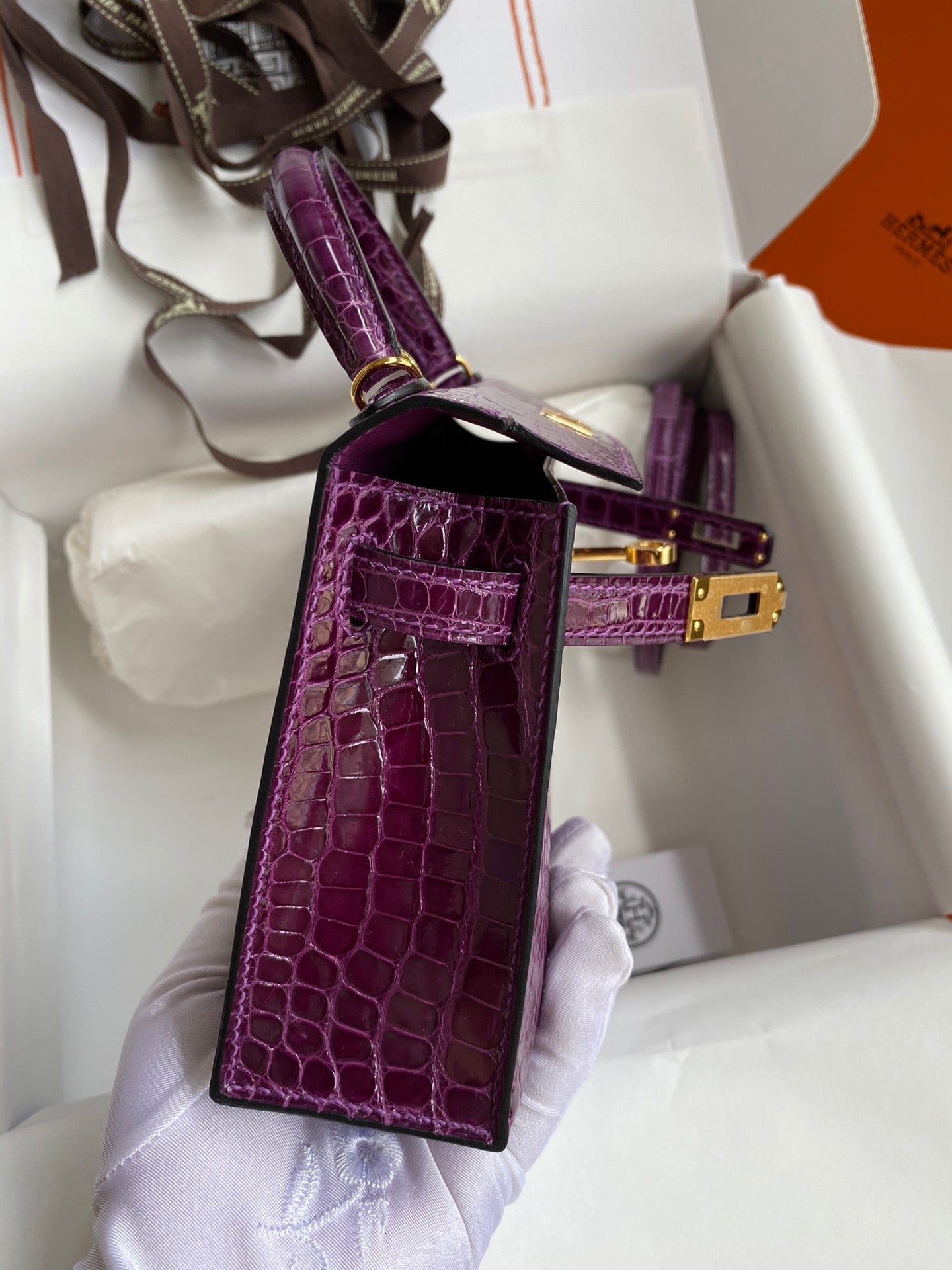 Hermes Purple Crocodile Mini Kelly II 20 cm