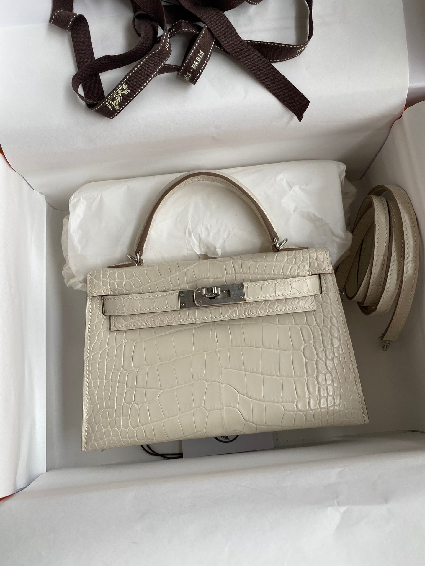 Hermes Beige Crocodile Mini Kelly II 20 cm With Silver Hardware