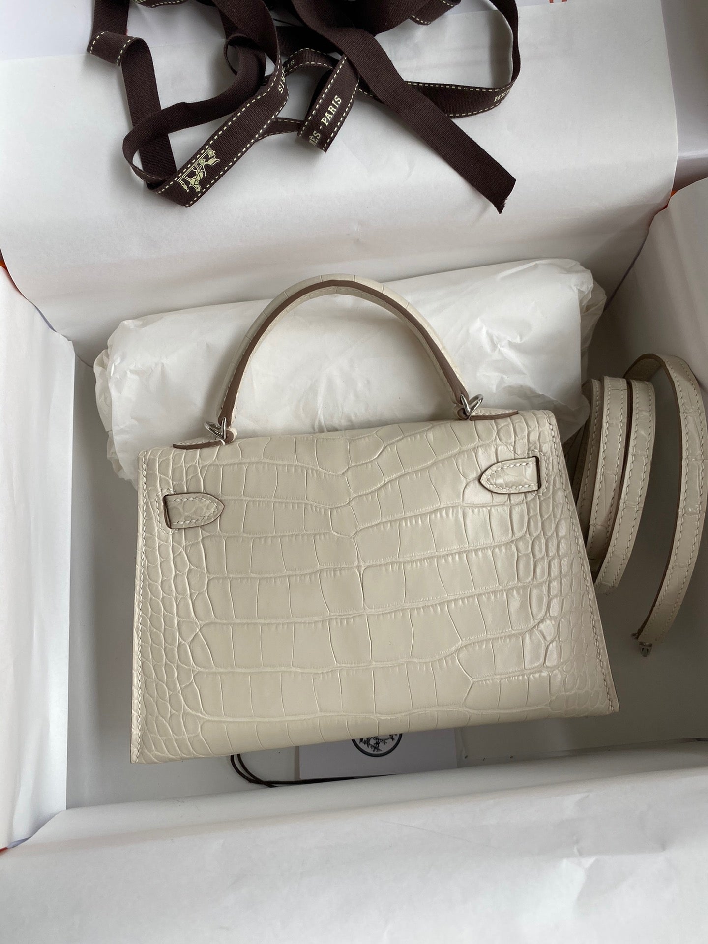 Hermes Beige Crocodile Mini Kelly II 20 cm With Silver Hardware