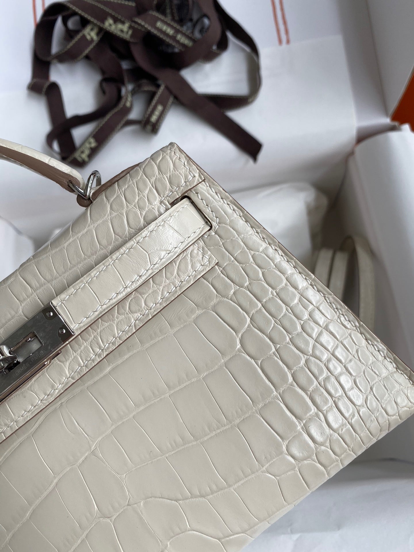 Hermes Beige Crocodile Mini Kelly II 20 cm With Silver Hardware