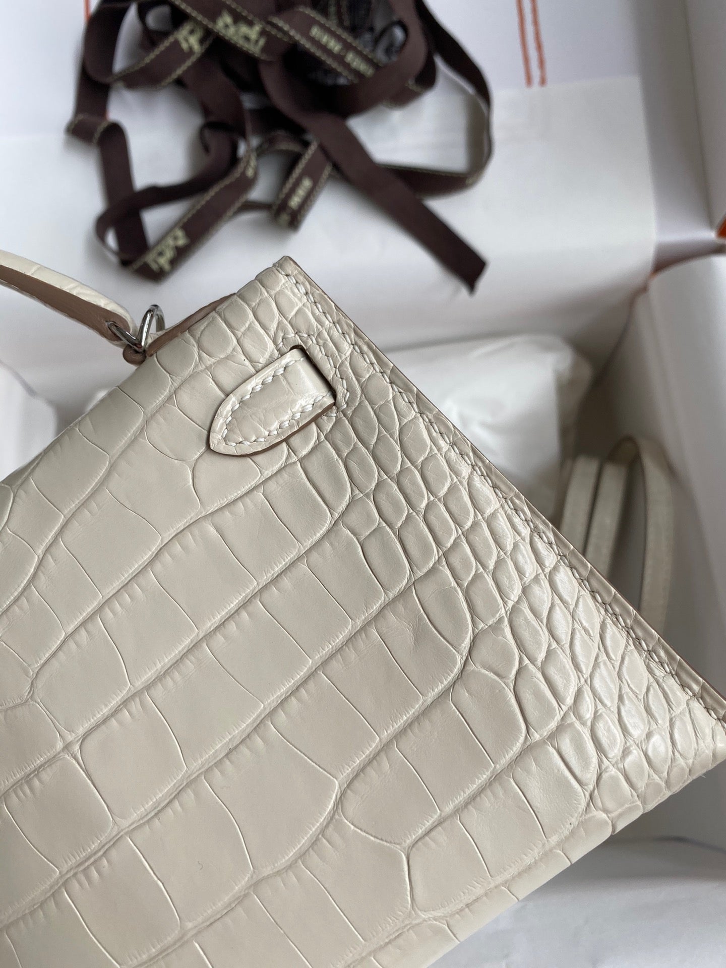 Hermes Beige Crocodile Mini Kelly II 20 cm With Silver Hardware