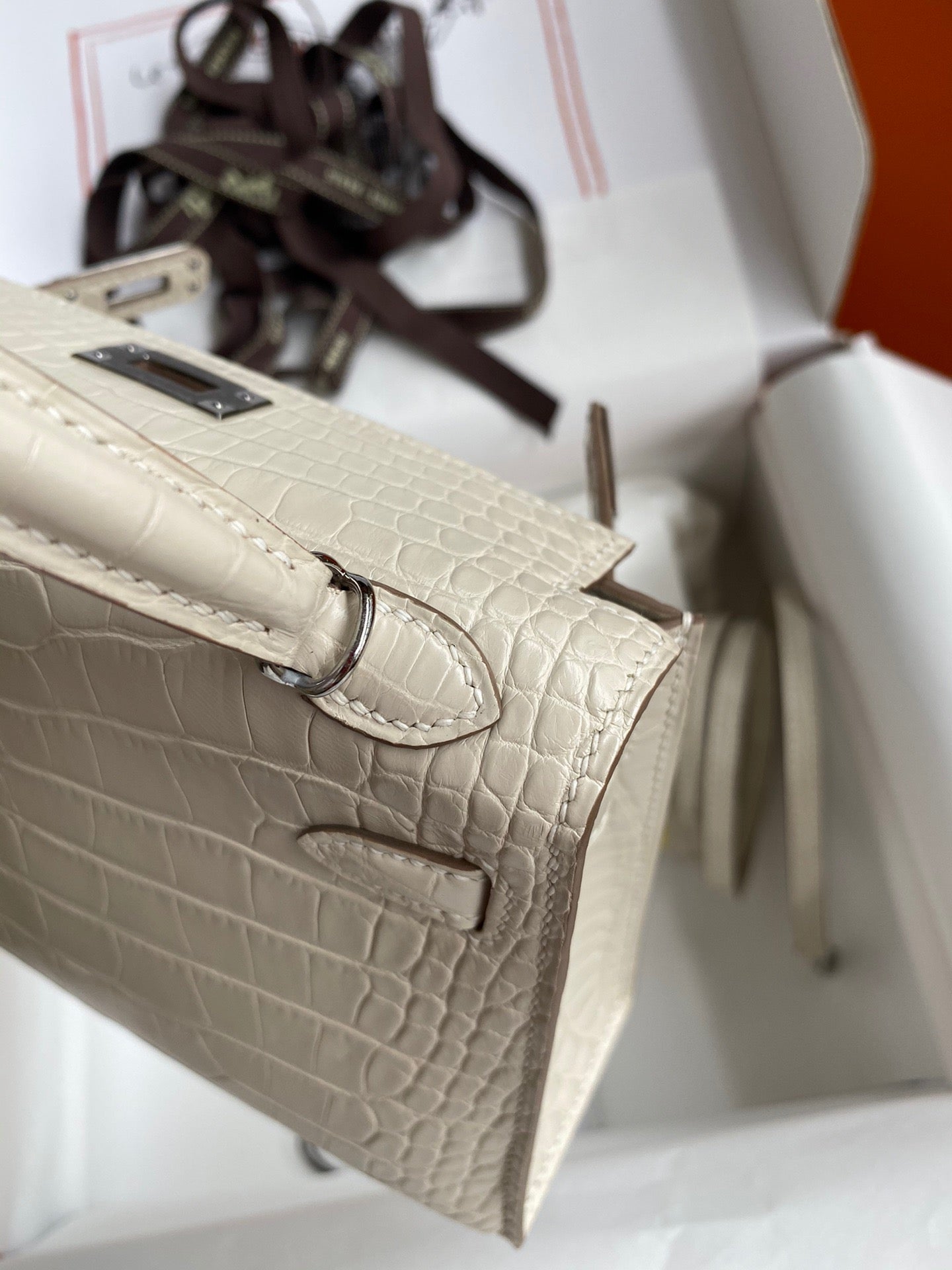 Hermes Beige Crocodile Mini Kelly II 20 cm With Silver Hardware