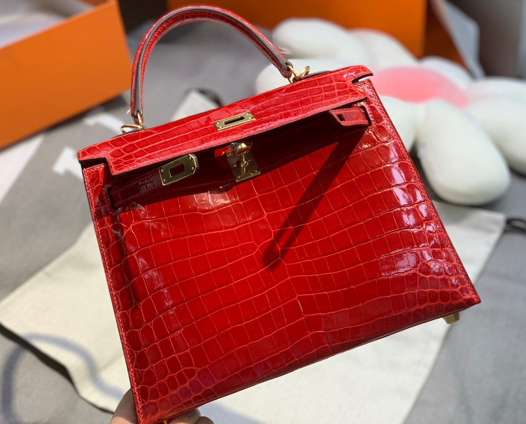 Hermes Kelly 25 Crocodile Leather Red With Gold Hardware