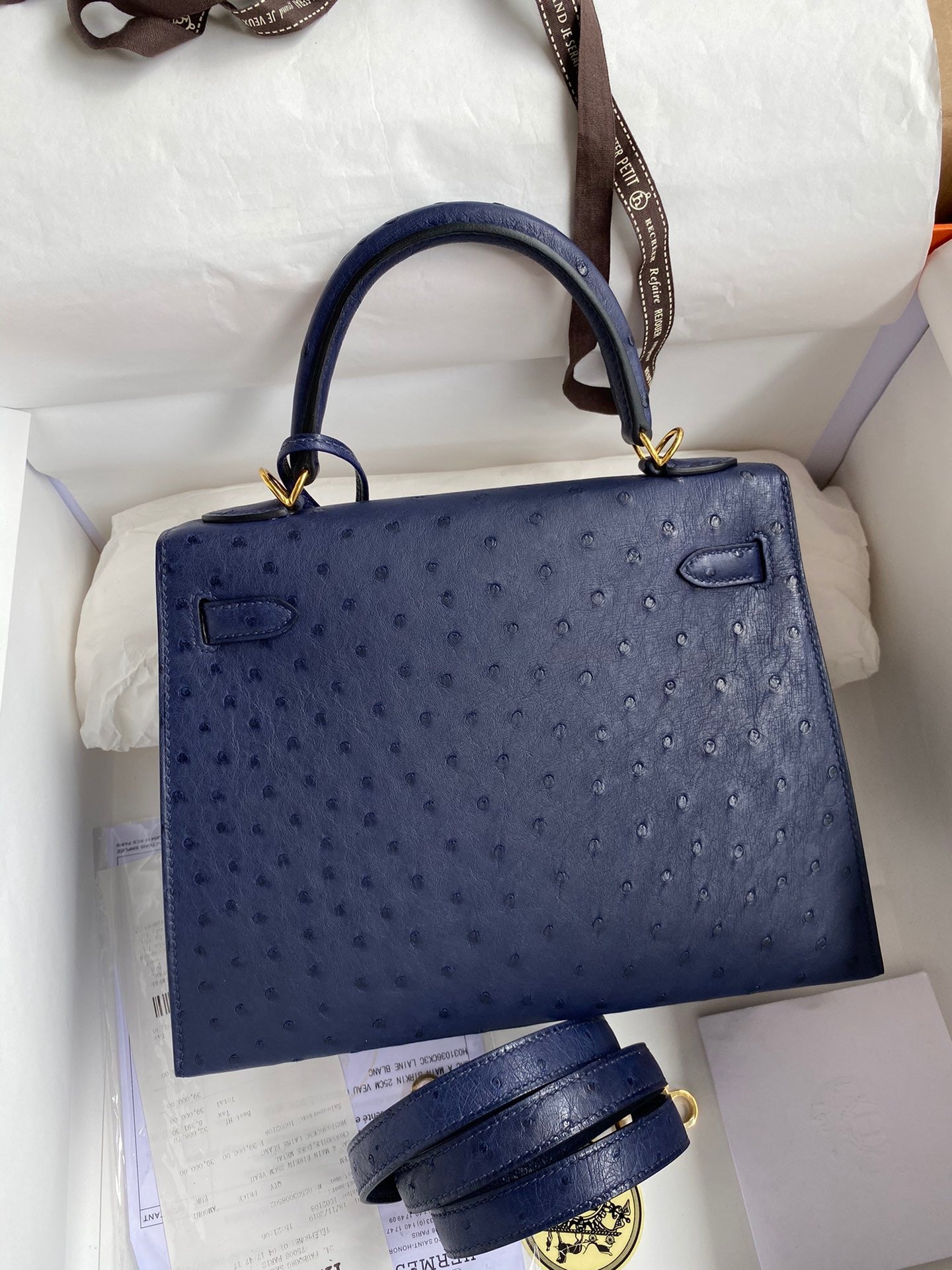 Hermes Kelly 25 Ostrich Leather Dark Blue With Gold Hardware