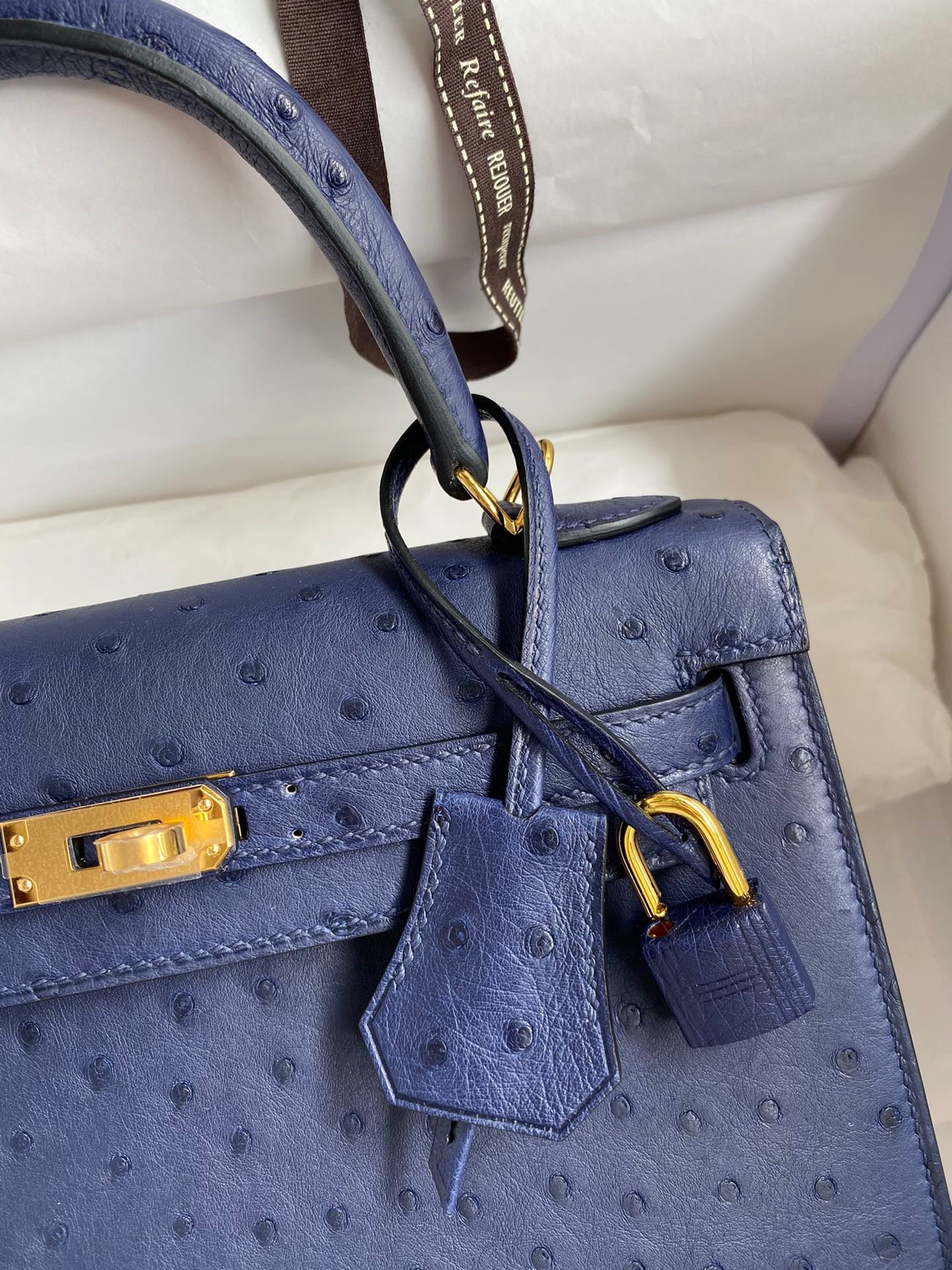 Hermes Kelly 25 Ostrich Leather Dark Blue With Gold Hardware