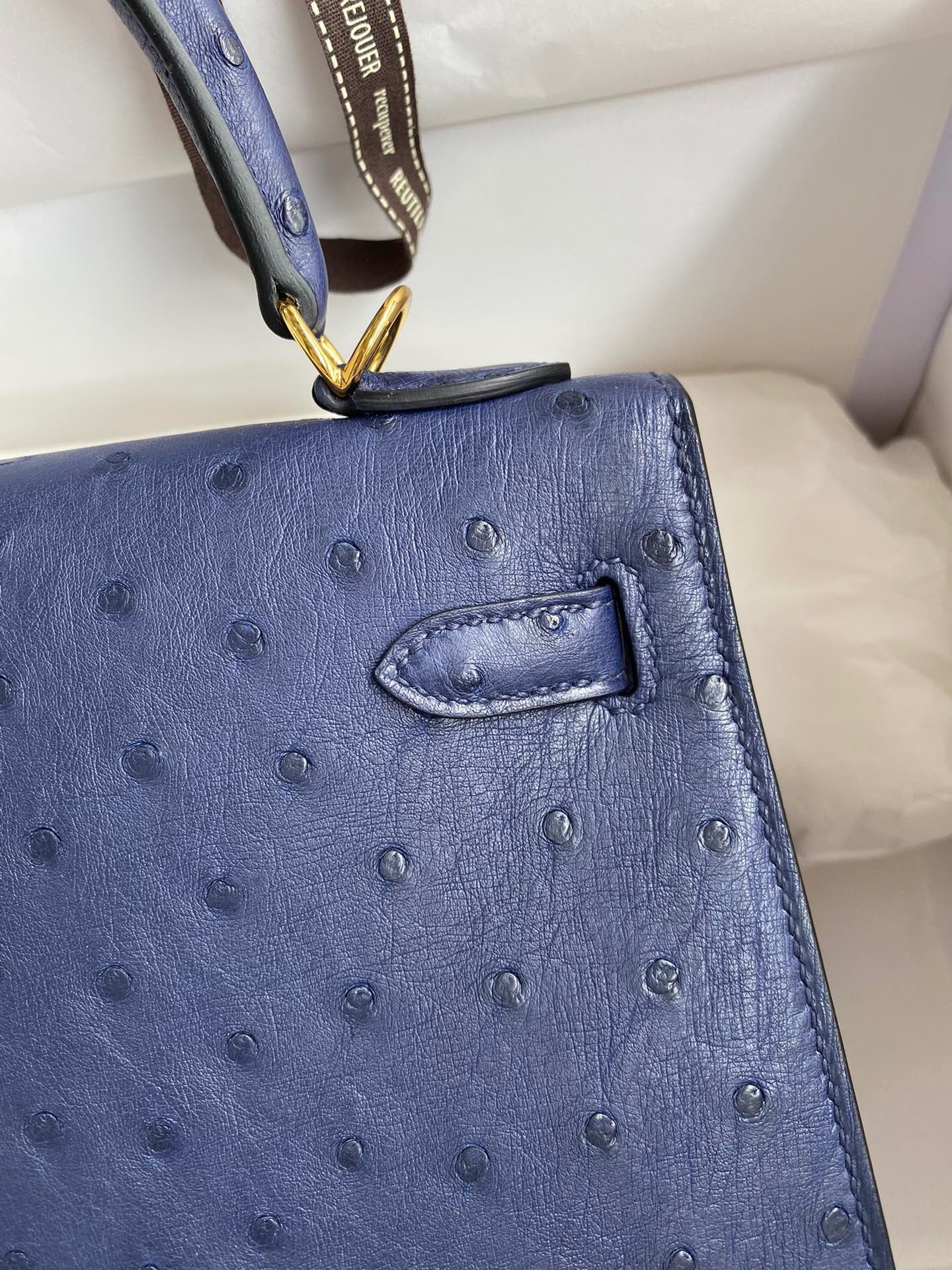 Hermes Kelly 25 Ostrich Leather Dark Blue With Gold Hardware