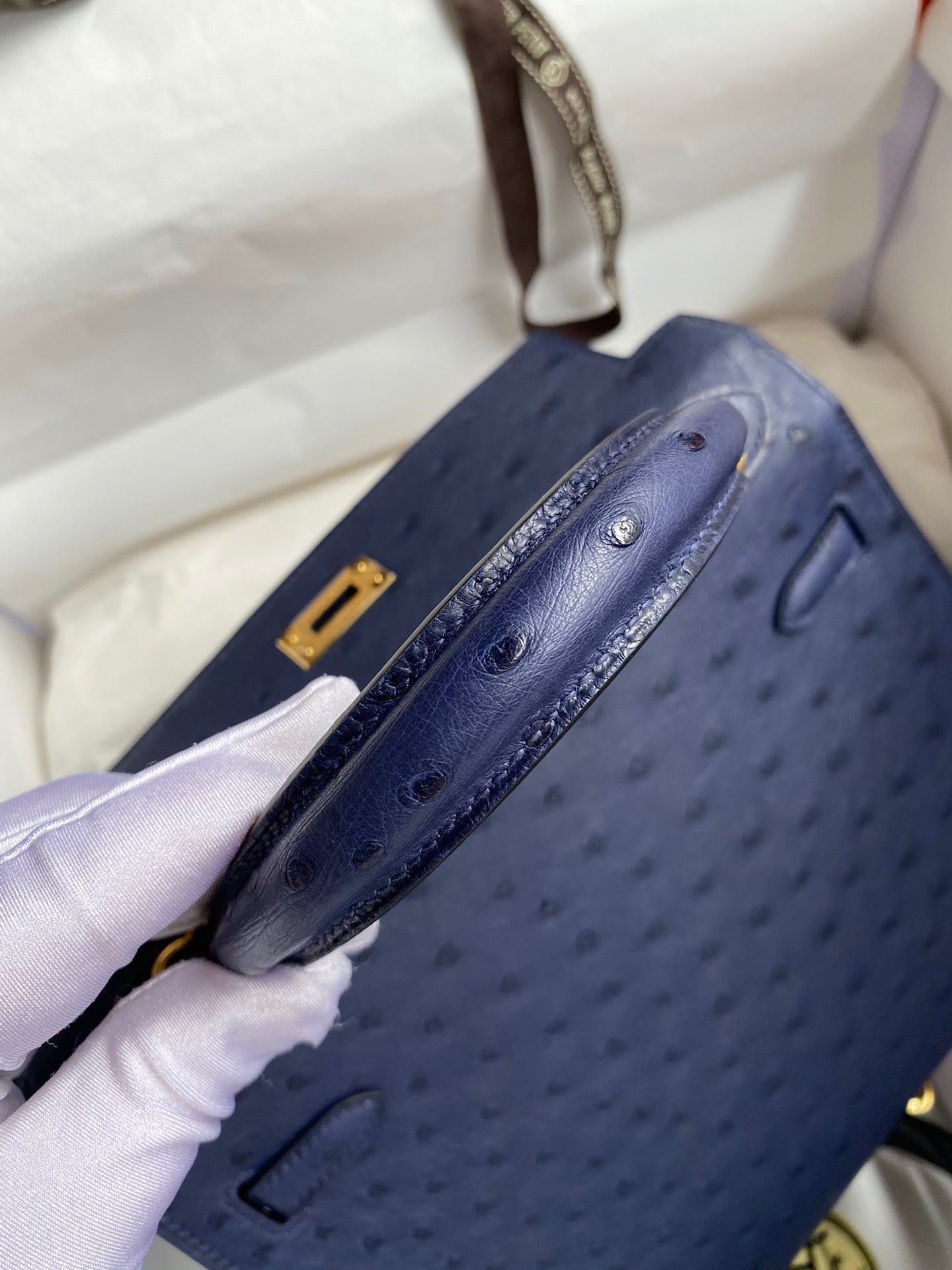 Hermes Kelly 25 Ostrich Leather Dark Blue With Gold Hardware