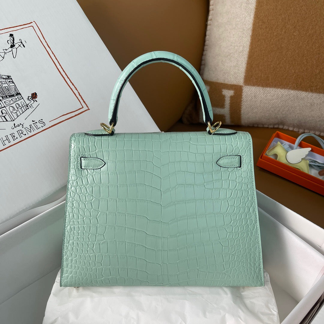 Hermes Kelly 25 Crocodile Leather Mint Green With Gold Hardware