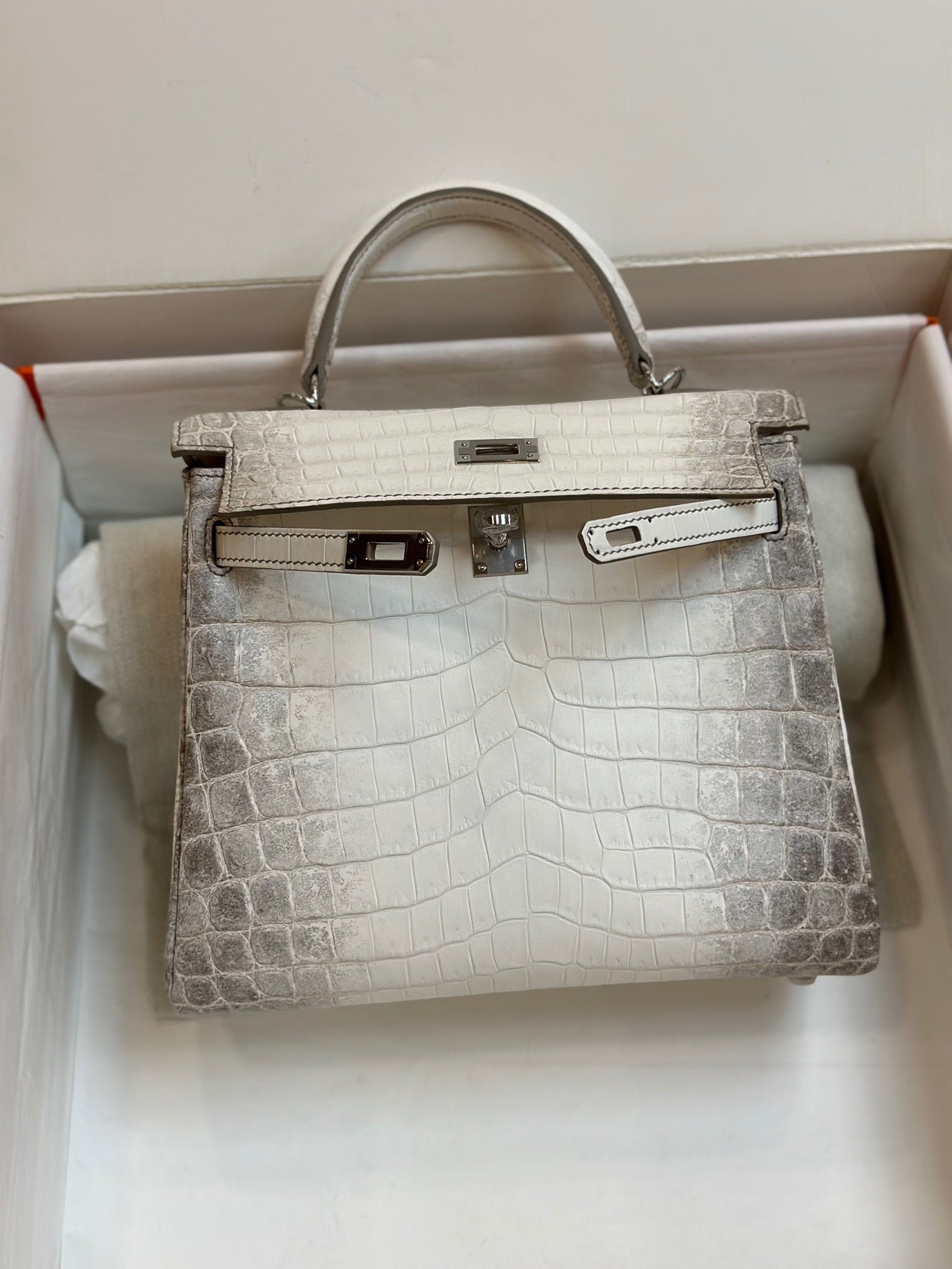 Hermes Kelly 25 Matte Niloticus Crocodile Leather Himalaya With Palladium Hardware