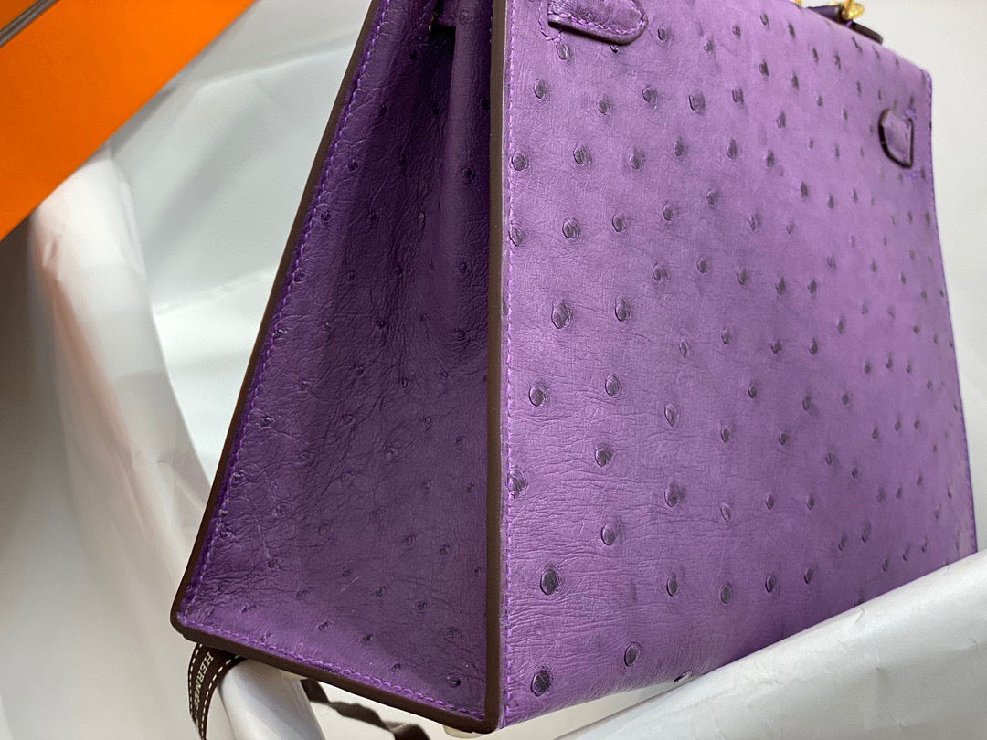 Hermes Kelly 25 Ostrich Leather Purple With Gold Hardware