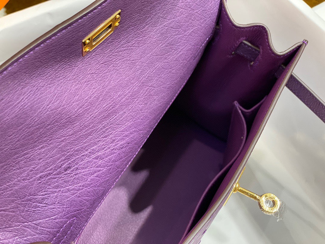 Hermes Kelly 25 Ostrich Leather Purple With Gold Hardware