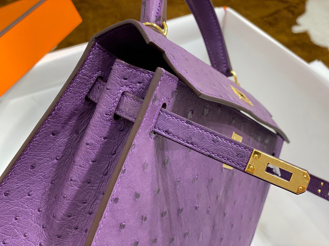 Hermes Kelly 25 Ostrich Leather Purple With Gold Hardware