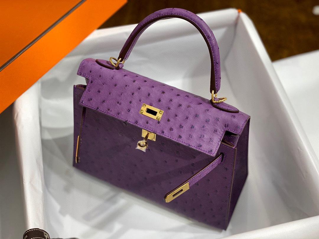 Hermes Kelly 25 Ostrich Leather Purple With Gold Hardware