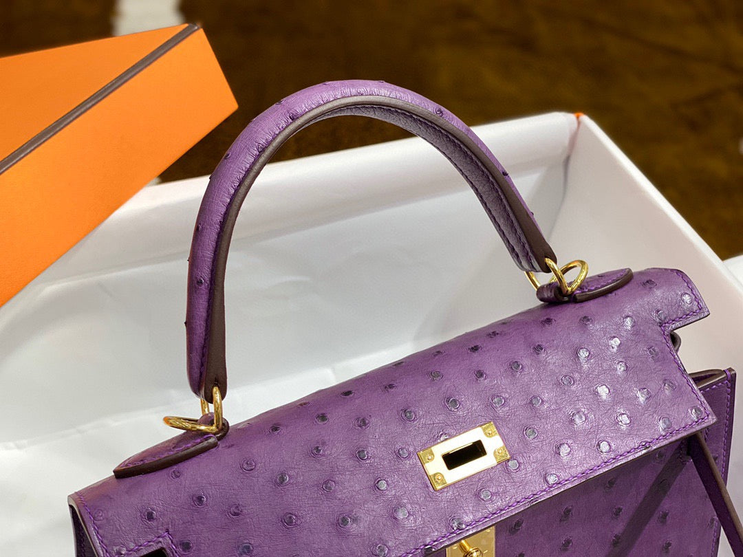 Hermes Kelly 25 Ostrich Leather Purple With Gold Hardware