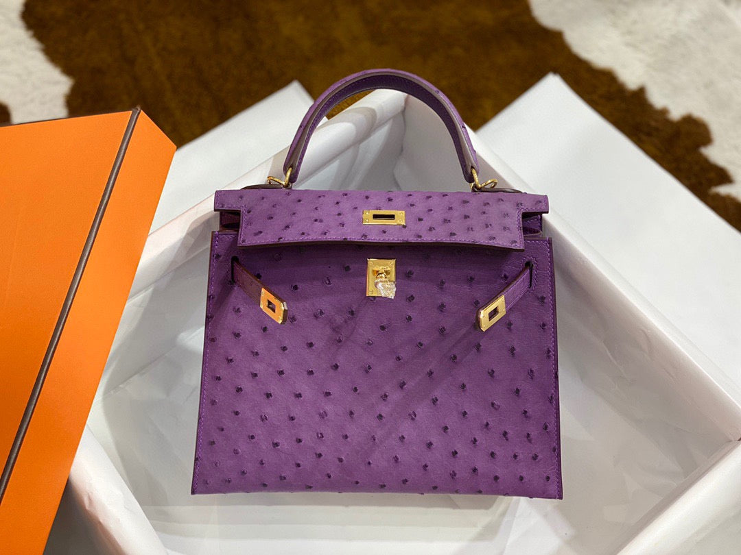 Hermes Kelly 25 Ostrich Leather Purple With Gold Hardware