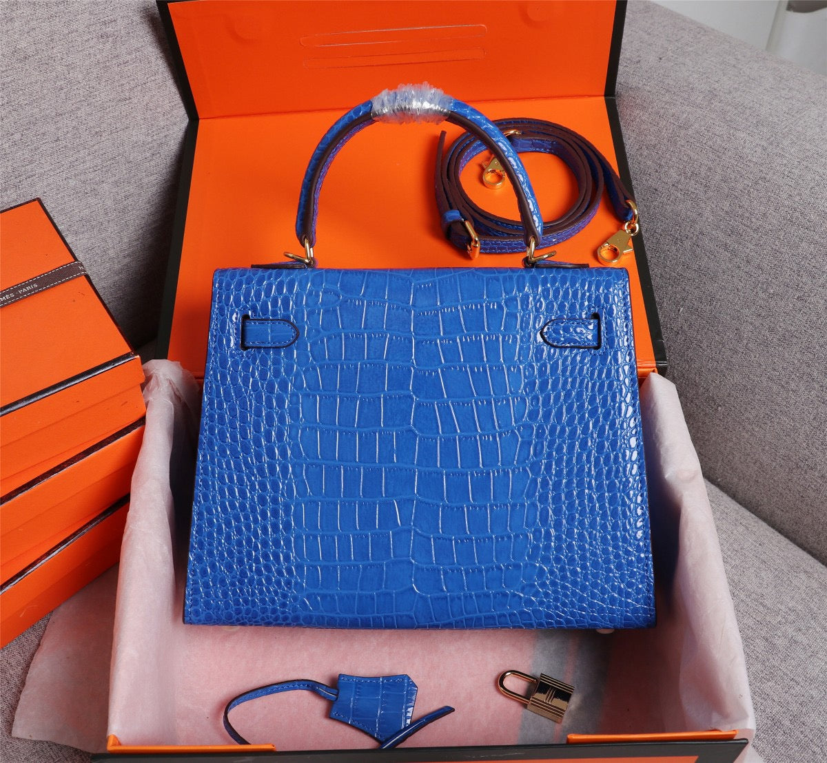 Hermes Kelly 25 Crocodile Leather Blue With Gold Hardware