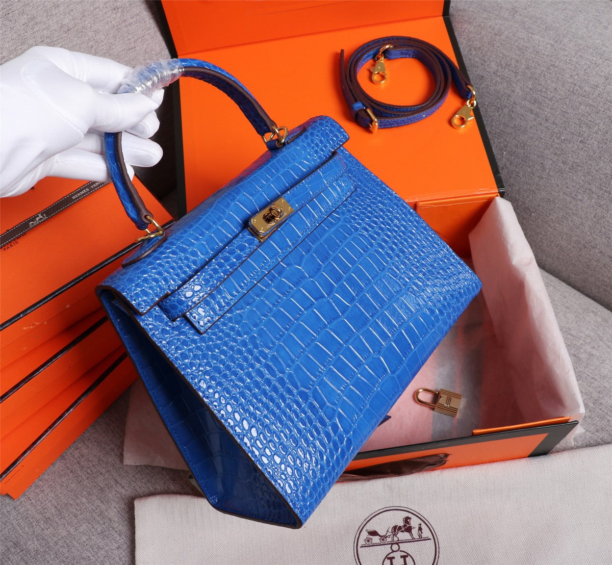 Hermes Kelly 25 Crocodile Leather Blue With Gold Hardware