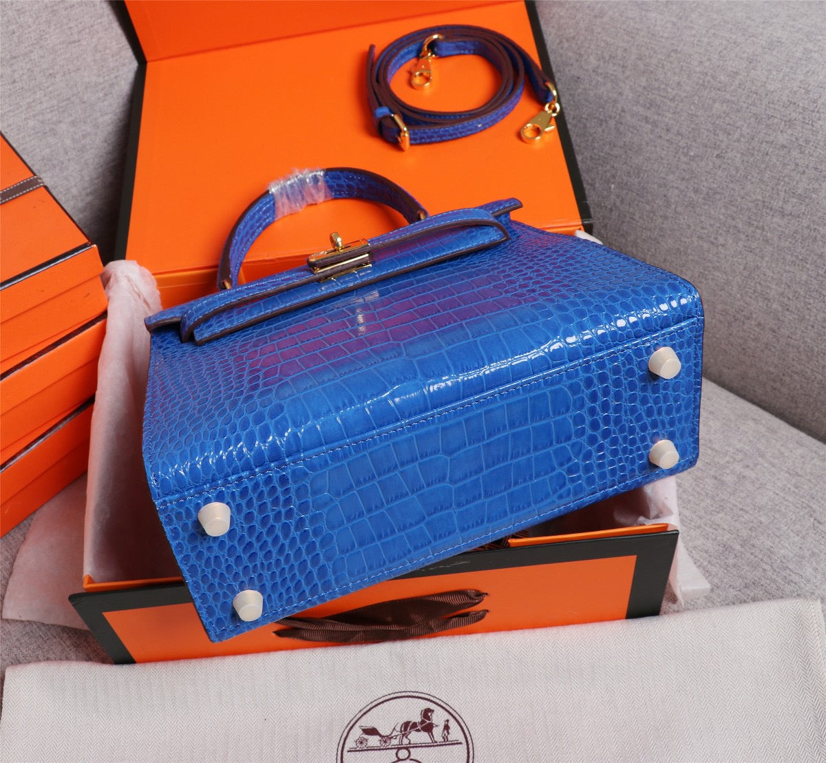 Hermes Kelly 25 Crocodile Leather Blue With Gold Hardware