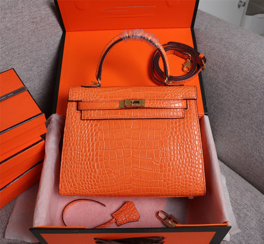 Hermes Kelly 25 Crocodile Leather Orange With Gold Hardware