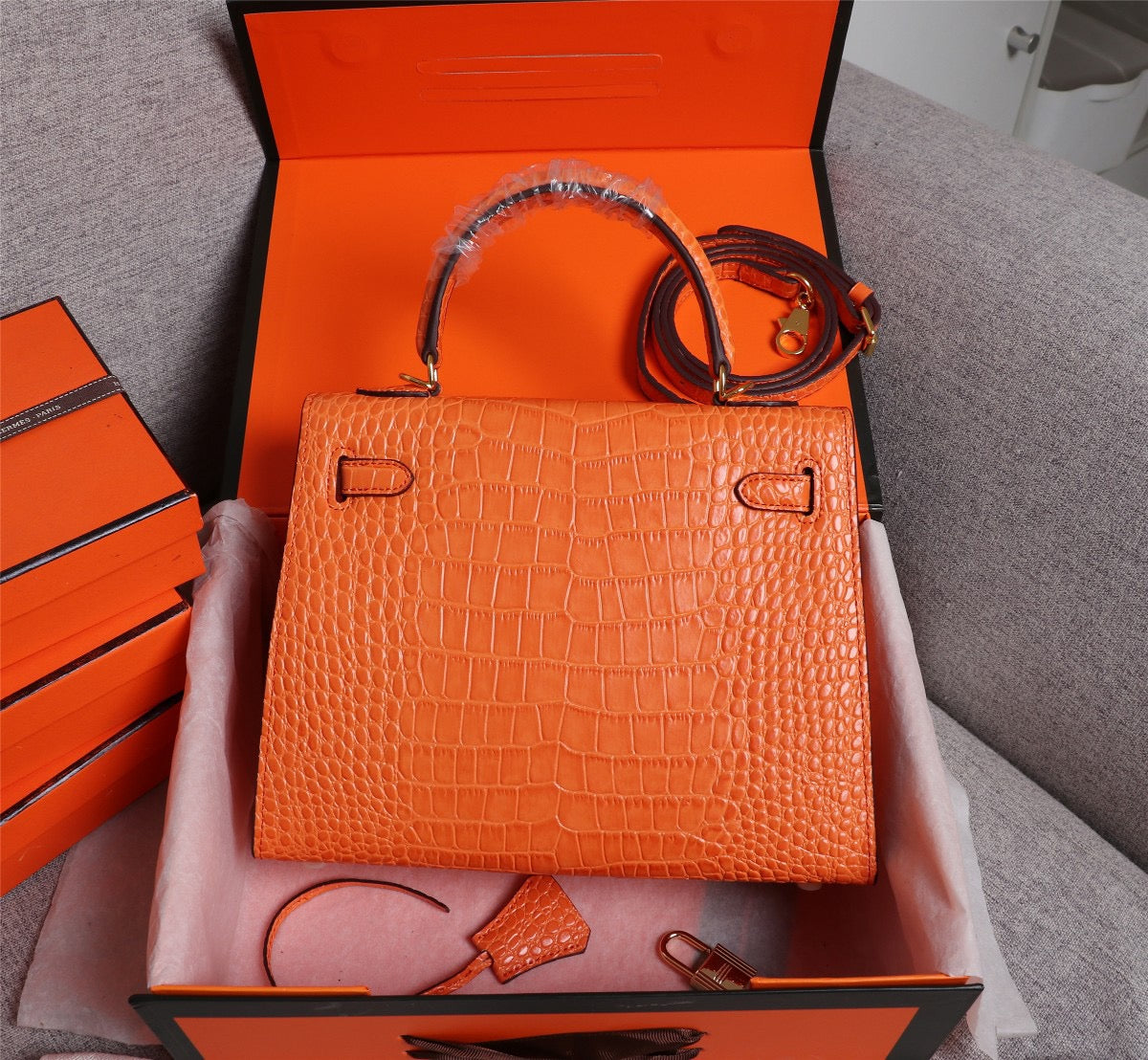 Hermes Kelly 25 Crocodile Leather Orange With Gold Hardware