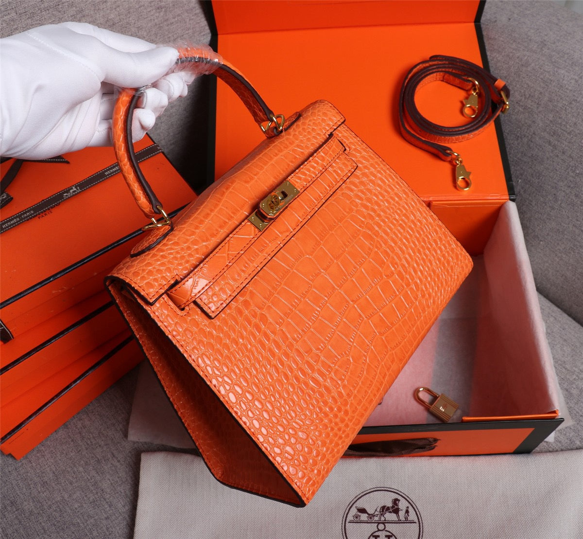 Hermes Kelly 25 Crocodile Leather Orange With Gold Hardware