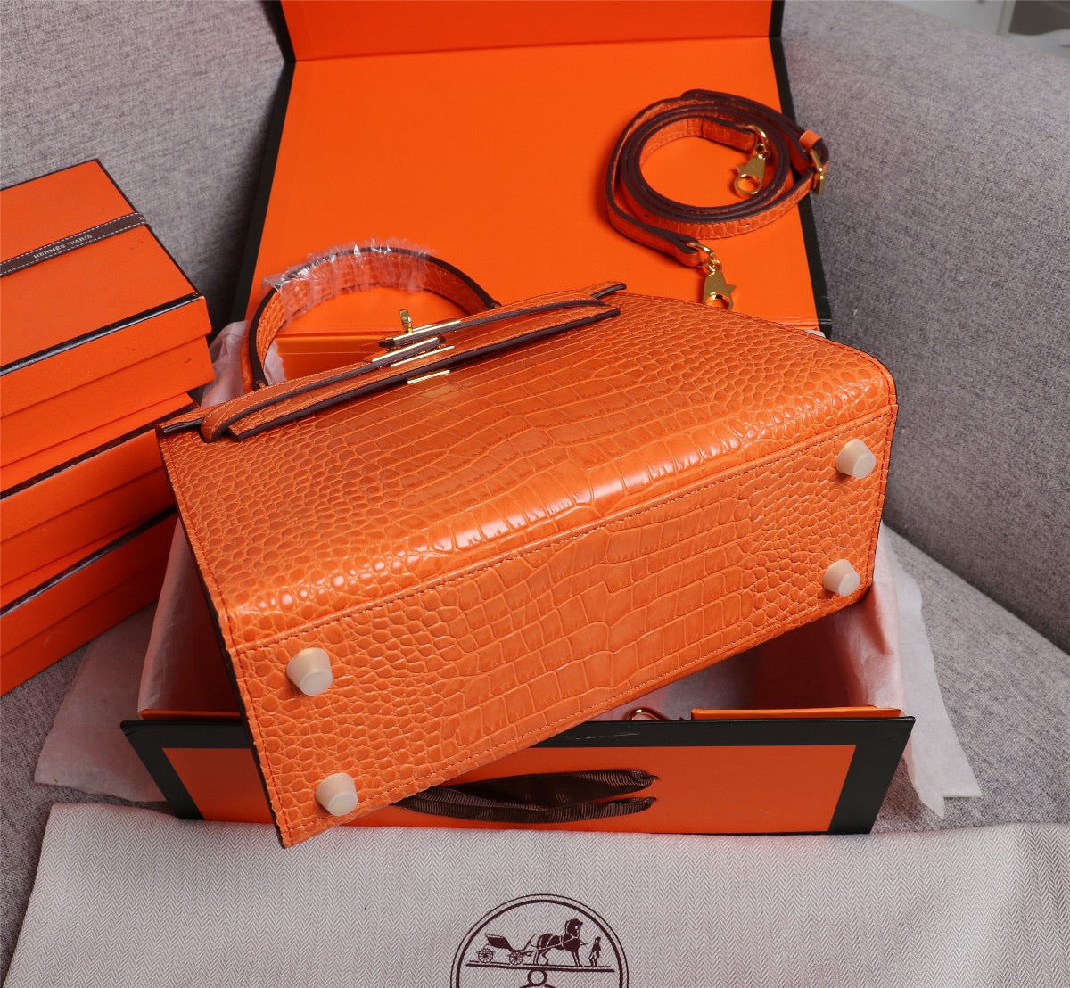 Hermes Kelly 25 Crocodile Leather Orange With Gold Hardware