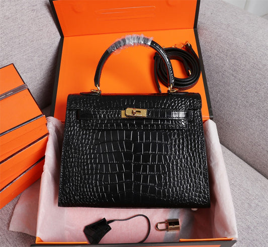 Hermes Kelly 25 Crocodile Leather Noir With Gold Hardware