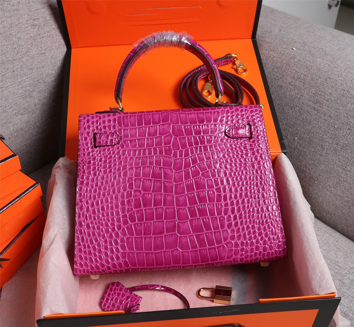 Hermes Kelly 25 Crocodile Leather Purple With Gold Hardware