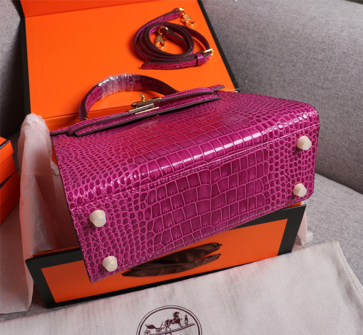 Hermes Kelly 25 Crocodile Leather Purple With Gold Hardware