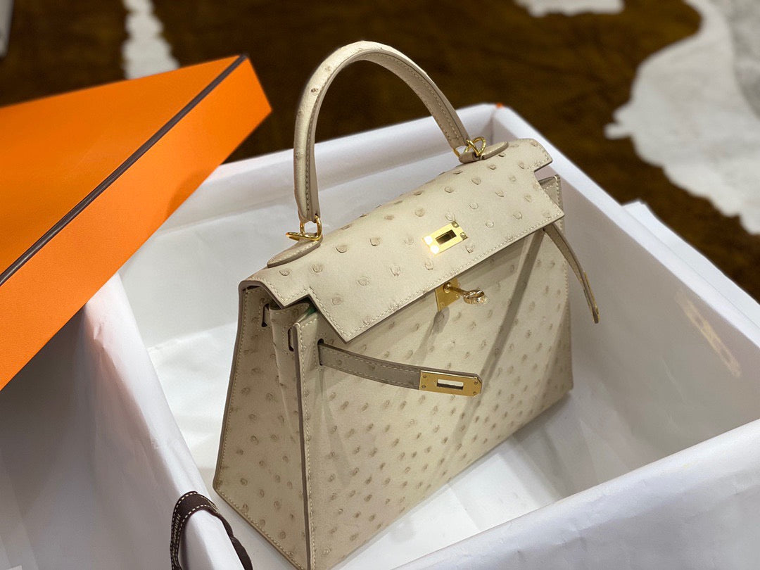 Hermes Kelly 25 Ostrich Leather Beige With Gold Hardware