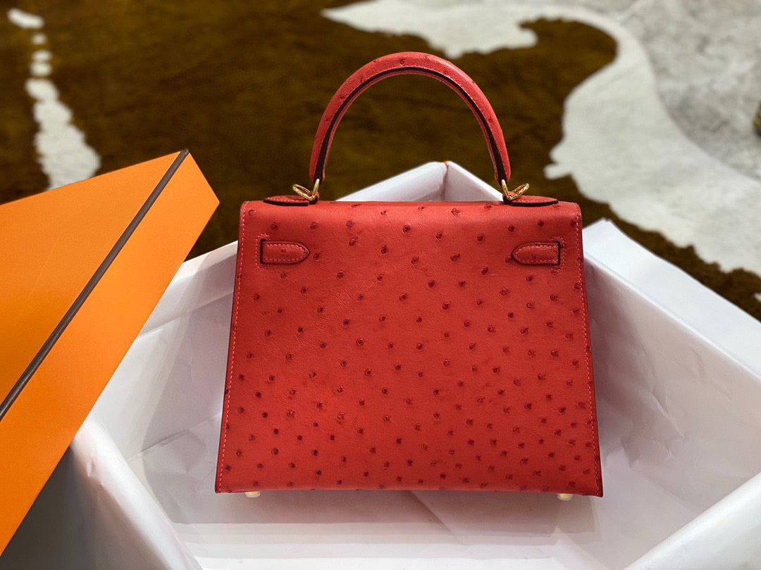 Hermes Kelly 25 Ostrich Leather Red With Gold Hardware