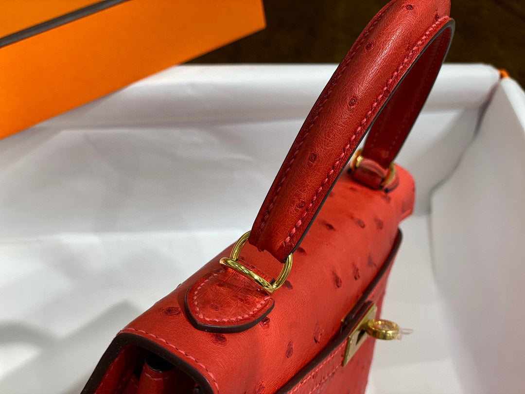 Hermes Kelly 25 Ostrich Leather Red With Gold Hardware