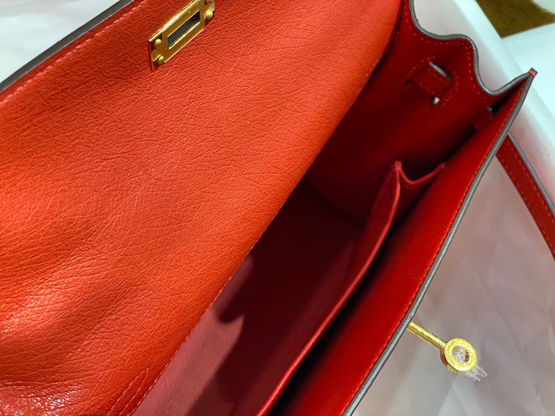 Hermes Kelly 25 Ostrich Leather Red With Gold Hardware