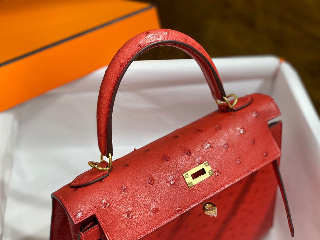 Hermes Kelly 25 Ostrich Leather Red With Gold Hardware