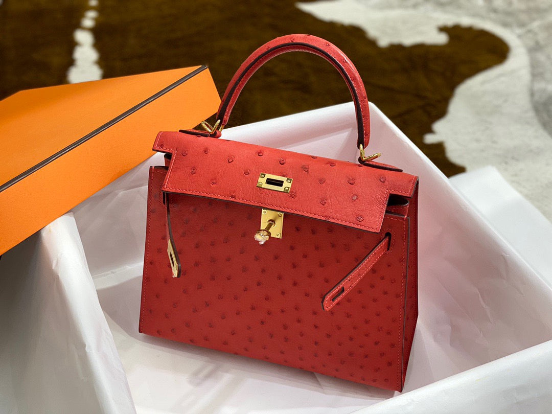 Hermes Kelly 25 Ostrich Leather Red With Gold Hardware