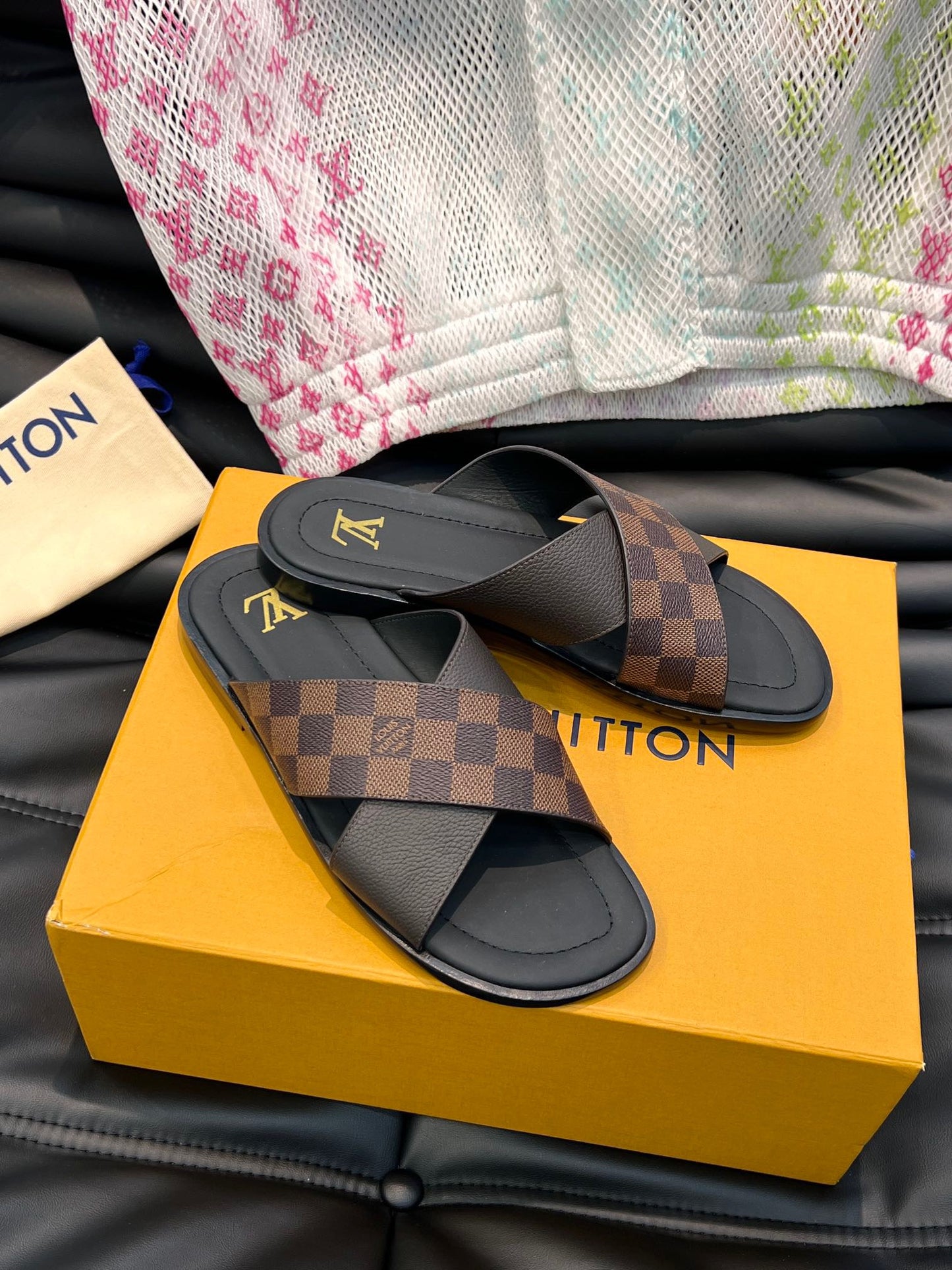 LV Classic Brown Checkerboard Slippers