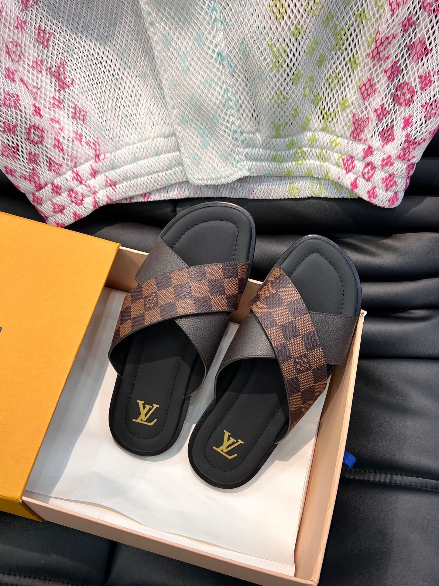 LV Classic Brown Checkerboard Slippers