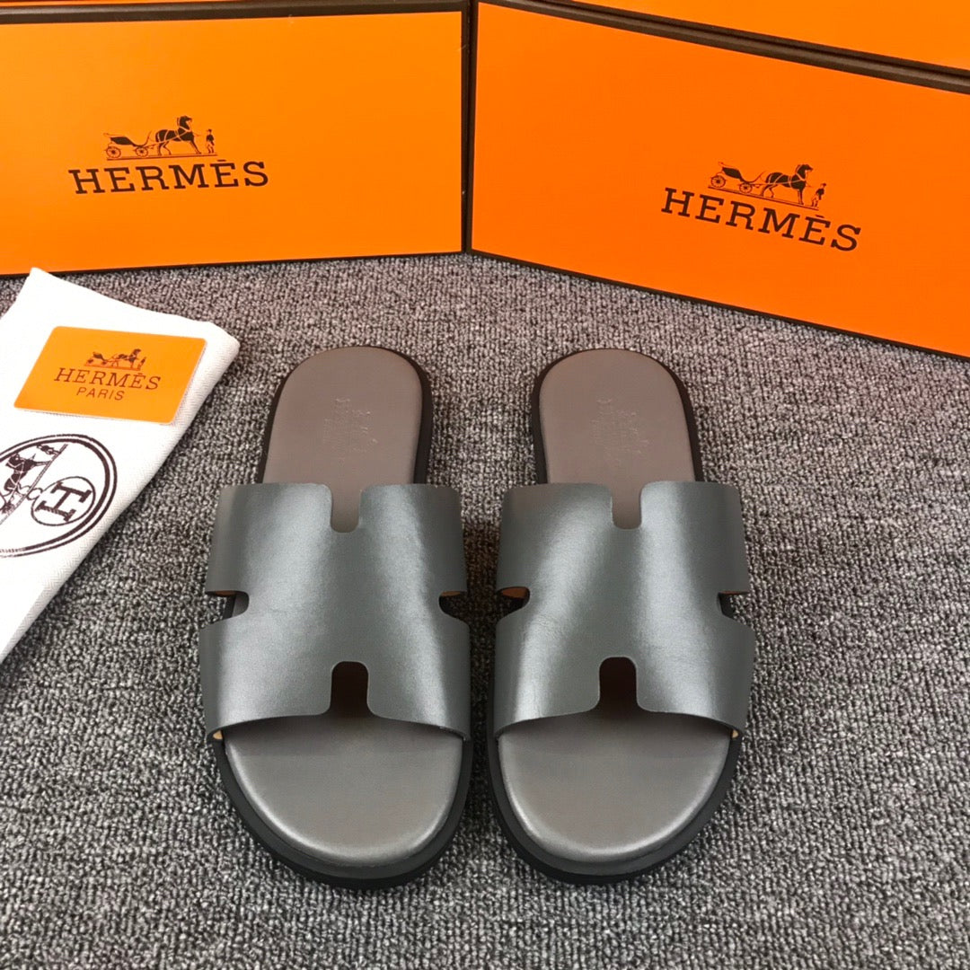 Hermes Lzmir Slipper Gray Smooth Calfskin Leather