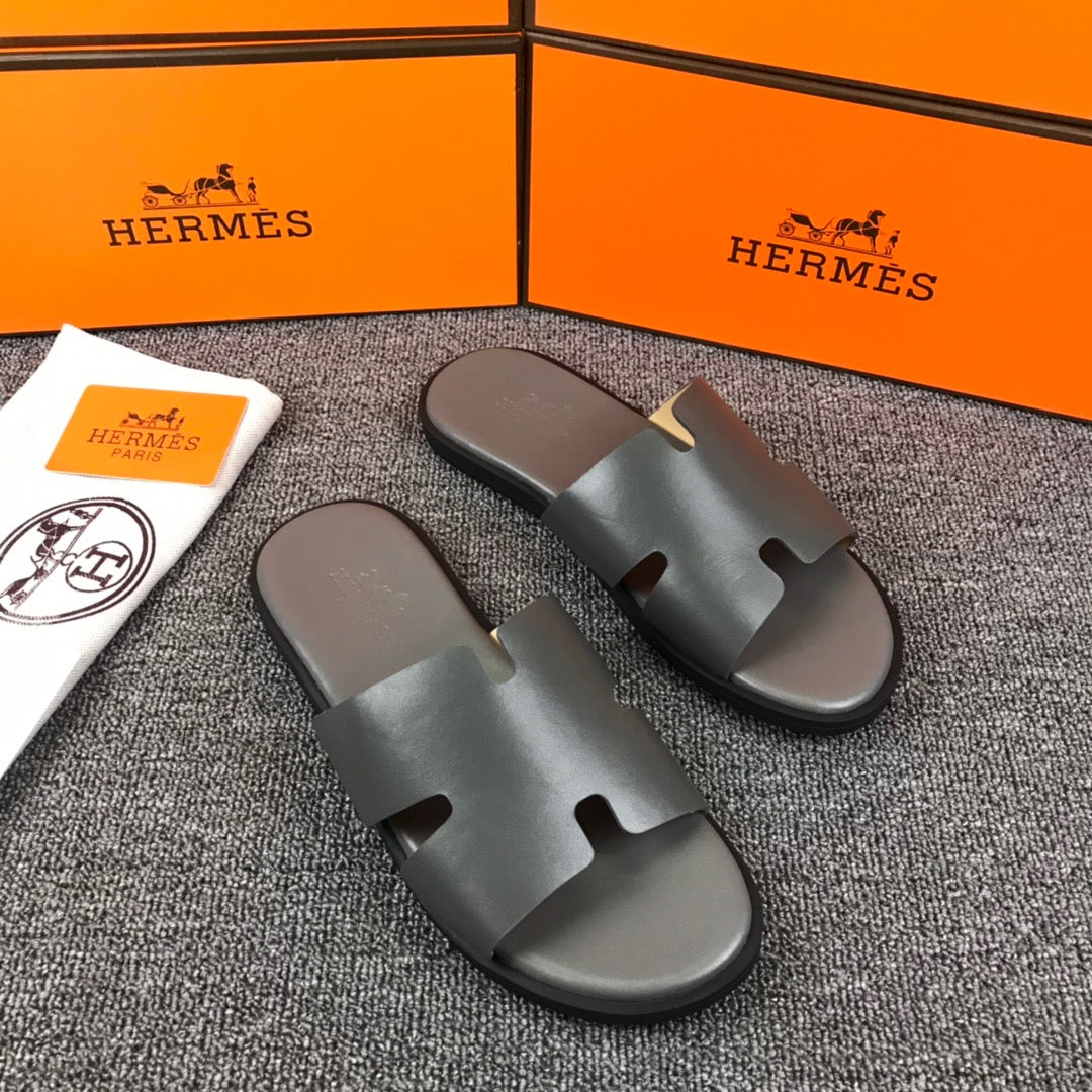 Hermes Lzmir Slipper Gray Smooth Calfskin Leather