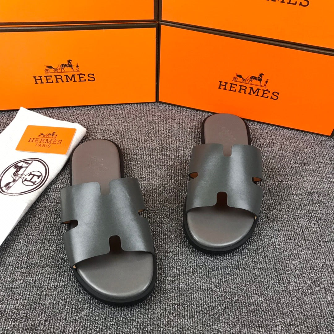 Hermes Lzmir Slipper Gray Smooth Calfskin Leather